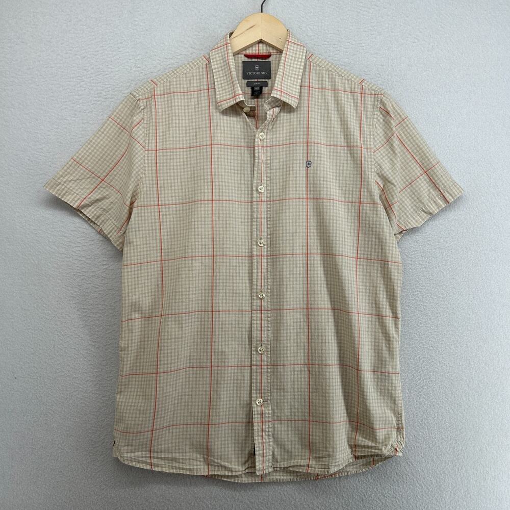 VICTORINOX Shirt Mens M Slim Fit Tattersall Check Button Up Camp Cotton Beige